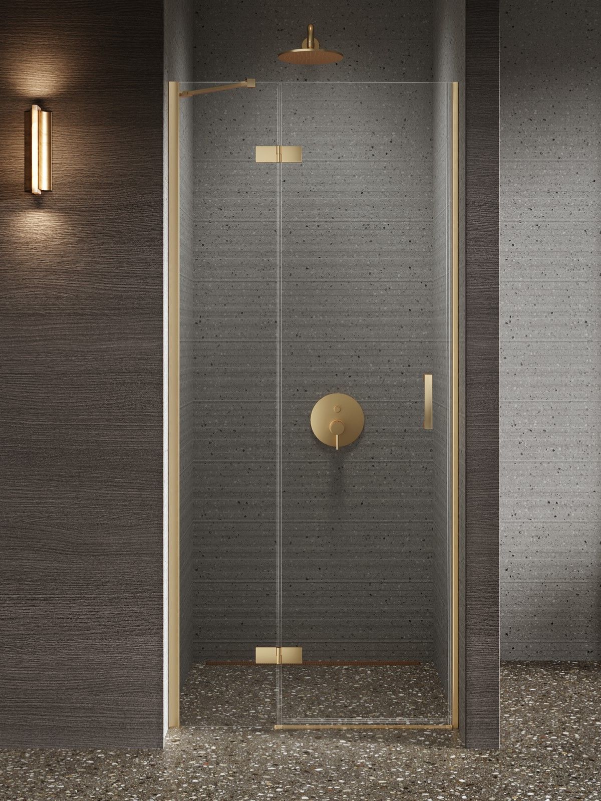 New Trendy Nesta Gold Brushed puerta de ducha 90 cm oscilante oro cepillado/vidrio transparente D-0868A