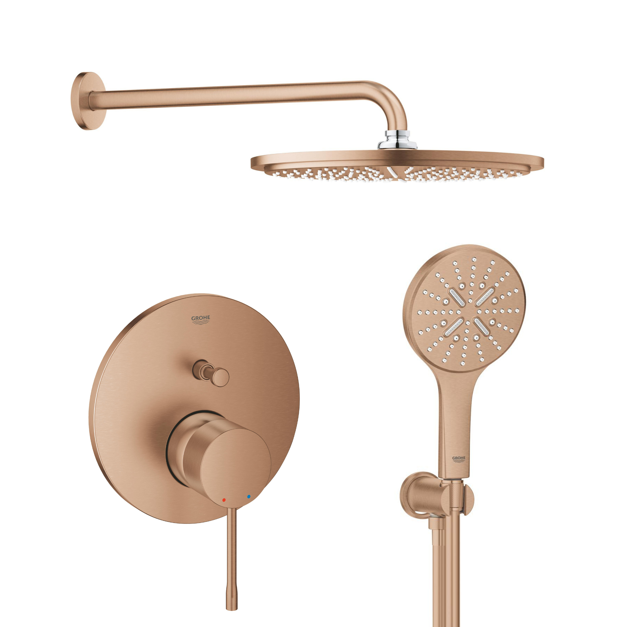 Conjunto brazo de ducha con efecto lluvia Grohe Rainshower 26066DL0, grifo de bañera y ducha Grohe Essence 24058DL1, 26574DL0, 26658DL0, 28388DA1