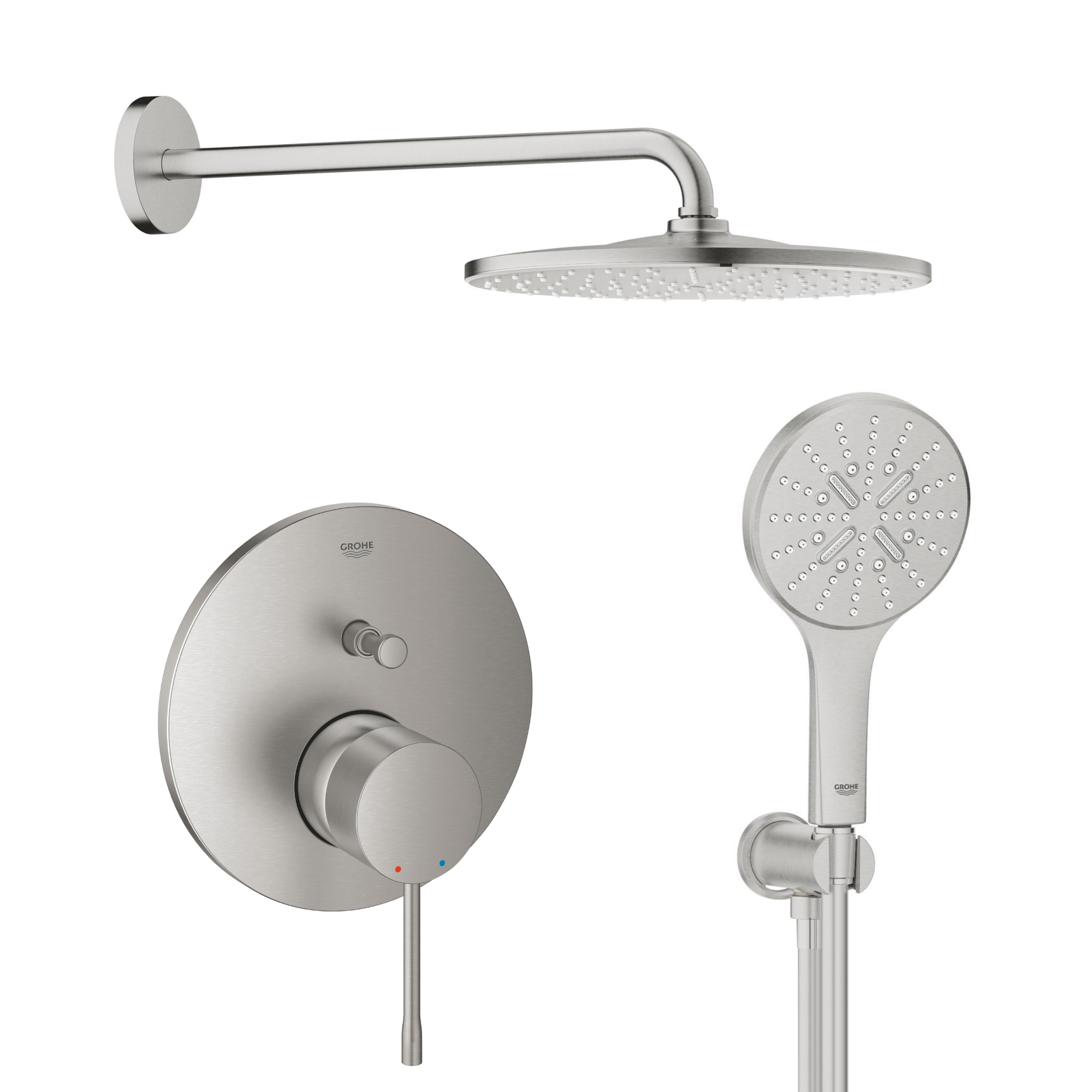 Conjunto brazo de ducha con efecto lluvia Grohe Rainshower 26558DC0, grifo de bañera y ducha Grohe Essence 24058DC1, 26574DC0, 26658DC0, 28362DC1