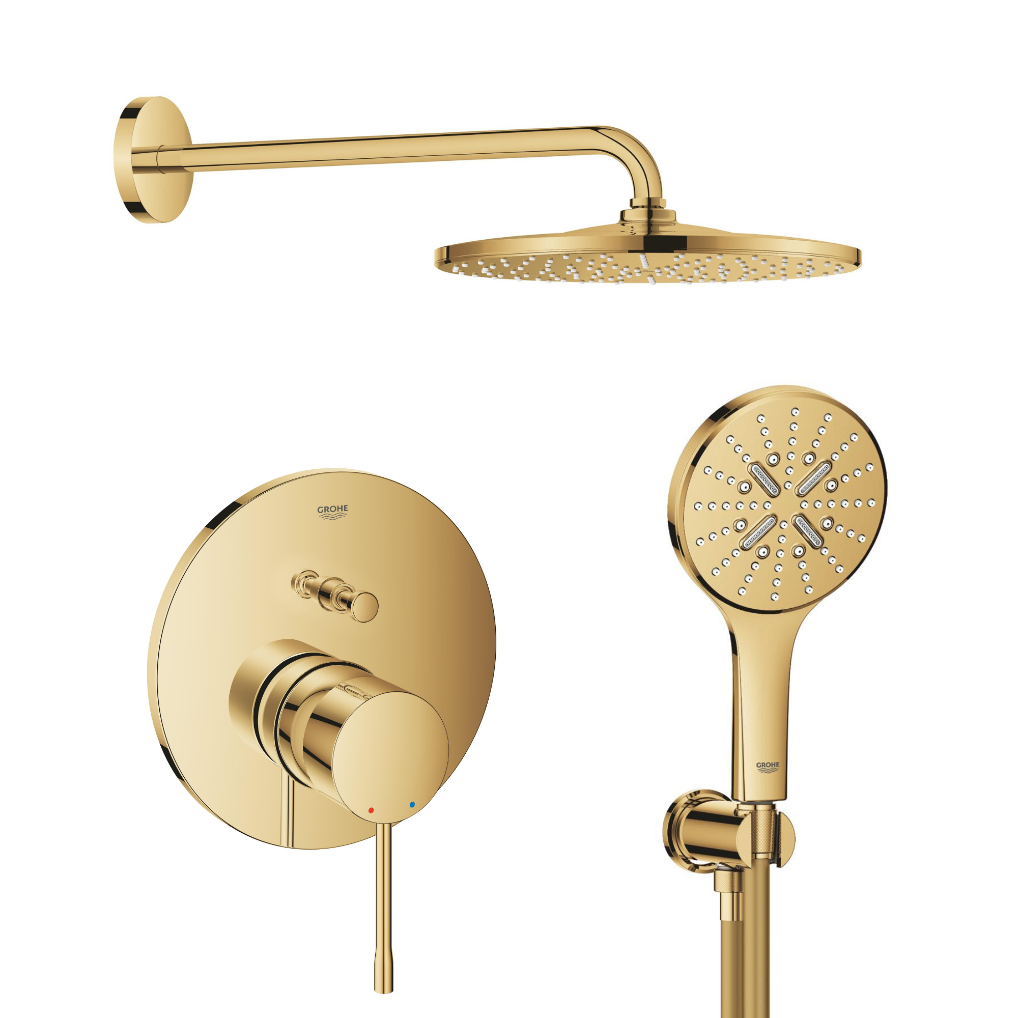 Conjunto brazo de ducha con efecto lluvia Grohe Rainshower 26558GL0, grifo de bañera y ducha Grohe Essence 24058GL1, 26574GL0, 26658GL0, 28362GL1
