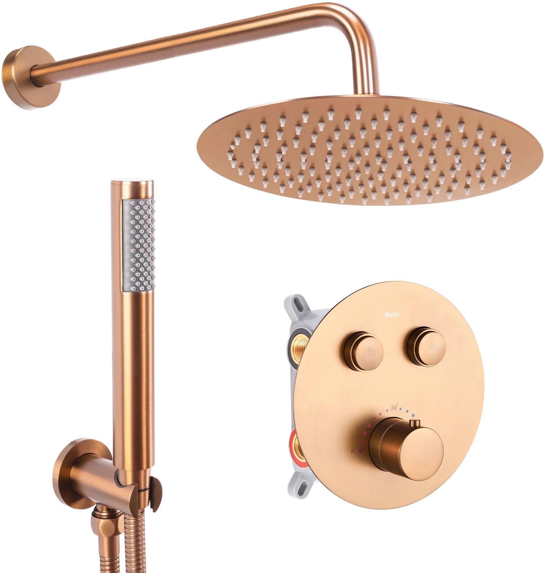 Rea Lungo conjunto de ducha a pared con termostato con rociador con efecto lluvia cobre REA-P8808