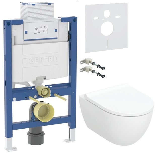 Conjunto taza de inodoro con asiento de cierre suave Geberit Acanto 502.774.00.1, marco empotrado Geberit Duofix 111.003.00.2, 111.815.00.1, 156.050.00.1