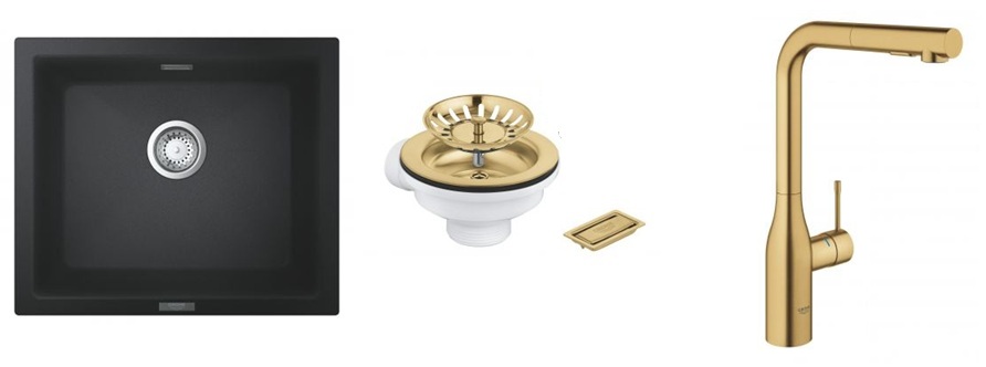 Conjunto grifo de cocina Grohe Essence 30270GN0, fregadero de granito Grohe K700 31654AP0, 40997GN0