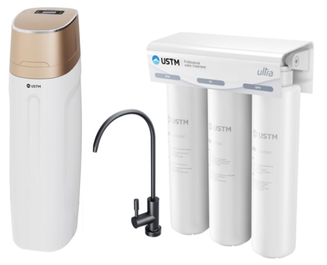 Conjunto planta de tratamiento de agua USTM Golden WS25LCDGOLDEN, filtro para fregadero USTM Ultra ULTRABLACKSTYLE