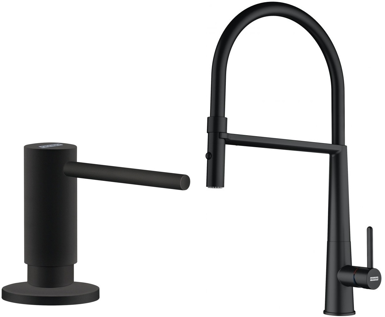 Conjunto grifo de cocina Franke Icon Semi-Pro 115.0690.598, dispensador de líquidos Franke Active SM 119.0547.906