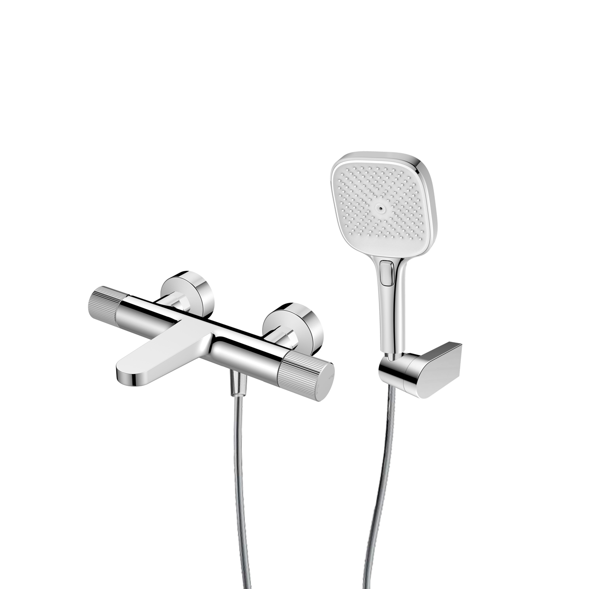 Conjunto grifo de bañera y ducha Ksuro 02 13008010, alcachofa de ducha Ksuro 02 One Click 16004010, 37200100, 19001010
