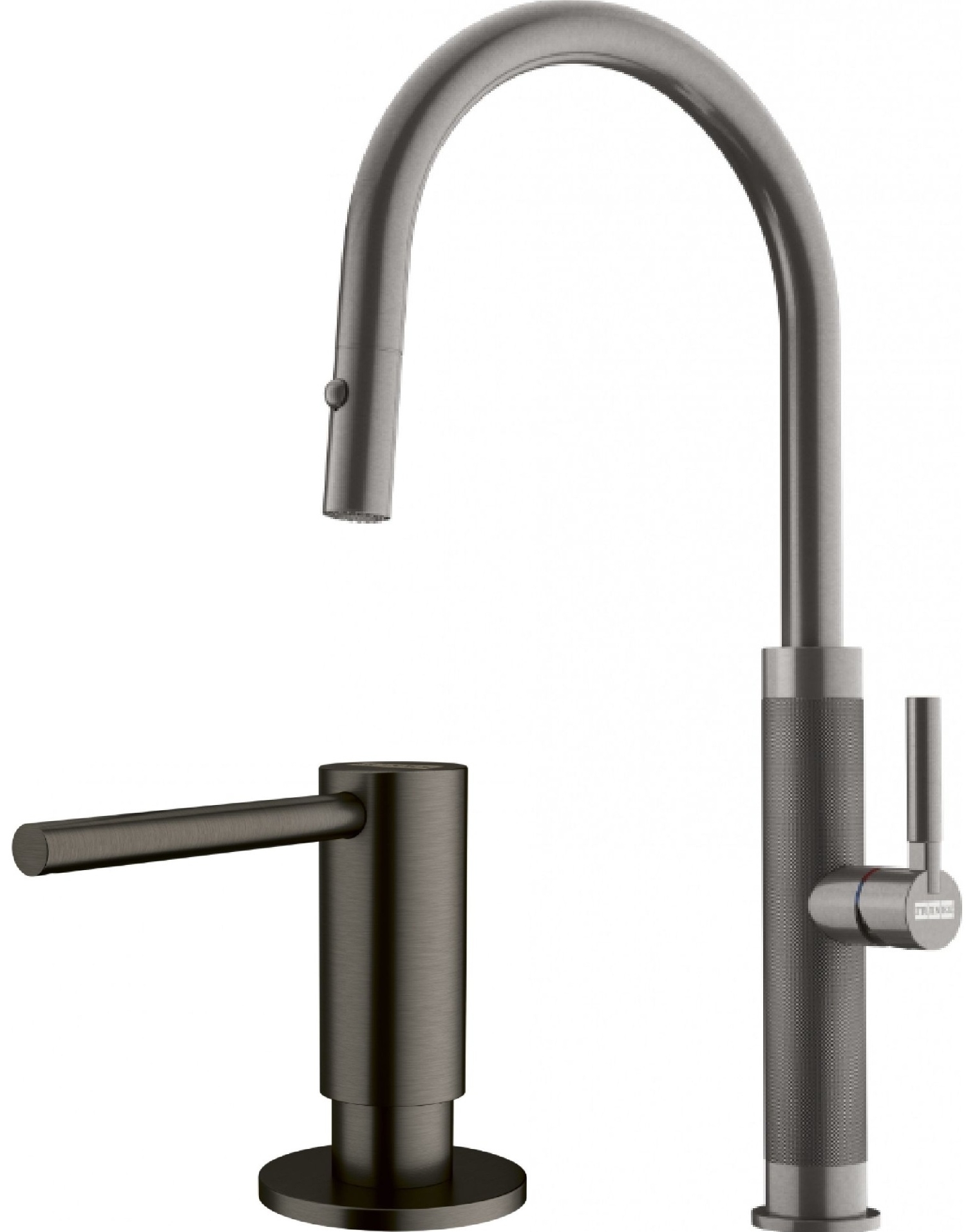 Conjunto grifo de cocina Franke Mythos Masterpiece Pull-Out Spray 115.0711.555, dispensador de líquidos Franke Atlas 112.0717.103