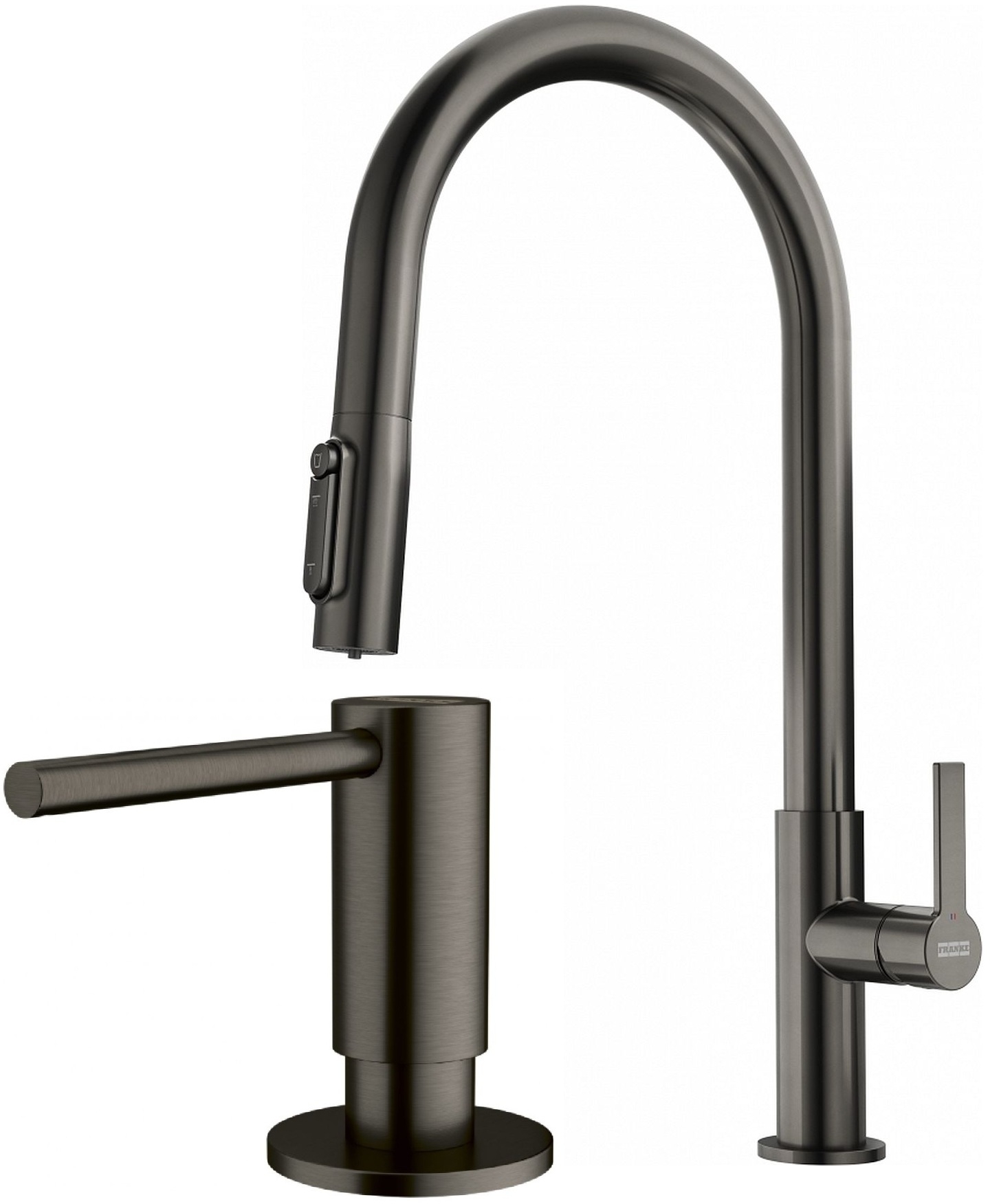 Conjunto grifo de cocina Franke Maris Slim Clear Water J Pull-Out 120.0736.603, dispensador de líquidos Franke Atlas 112.0717.103