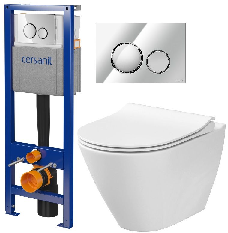 Conjunto taza de inodoro con asiento de cierre suave Cersanit City K701-104, marco empotrado con pulsador Cersanit S701-778