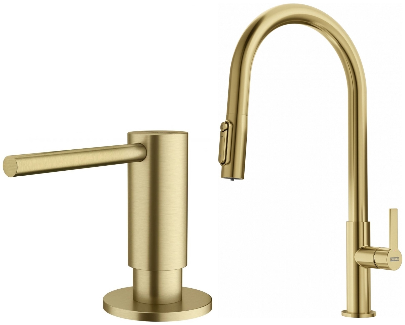 Conjunto grifo de cocina Franke Maris Slim Clear Water J Pull-Out 120.0736.601, dispensador de líquidos Franke Atlas 112.0717.105