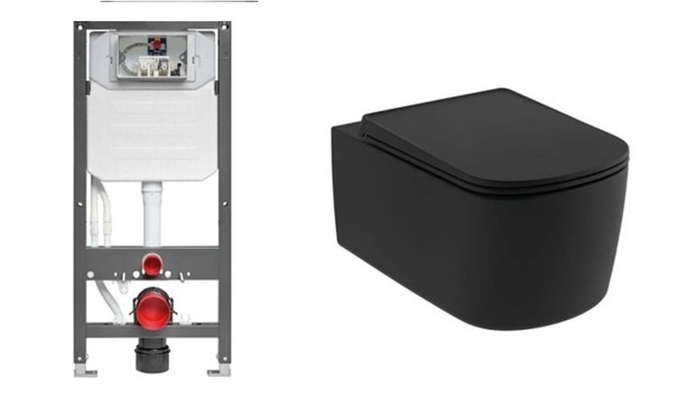 Conjunto taza de inodoro con asiento de cierre suave Kludi Resa S 27WCSET39, marco empotrado Kludi Unifix 79300