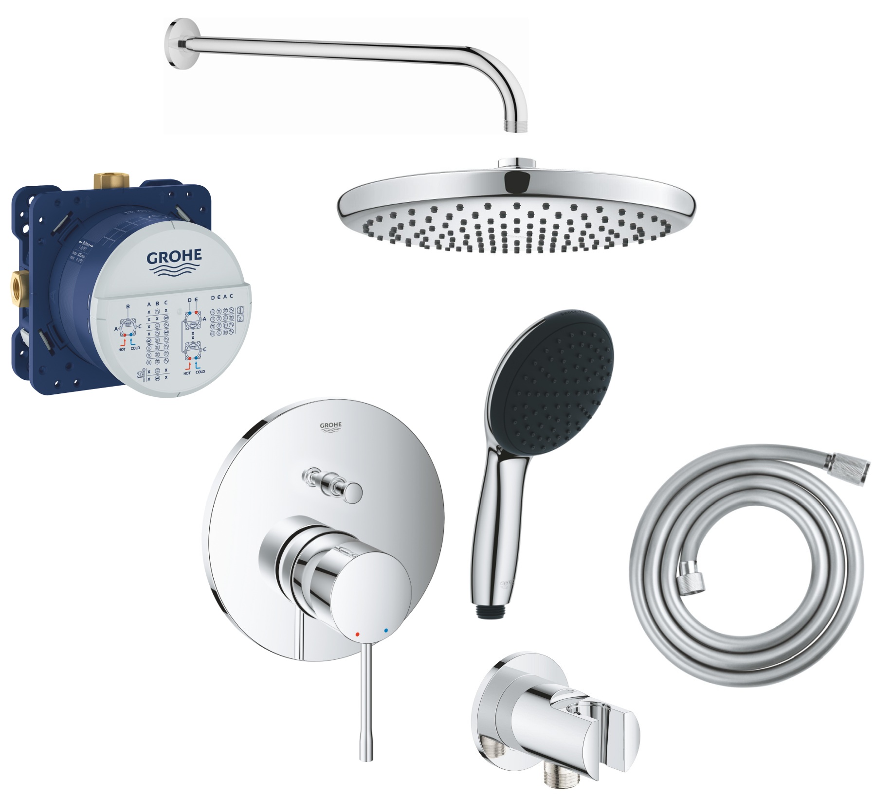 Conjunto grifo de bañera y ducha Grohe Essence 24058001, ducha con efecto lluvia Grohe Vitalio Start Shower System 26815000, 35600000, 27851000, 26962001, 27940001, 28741002