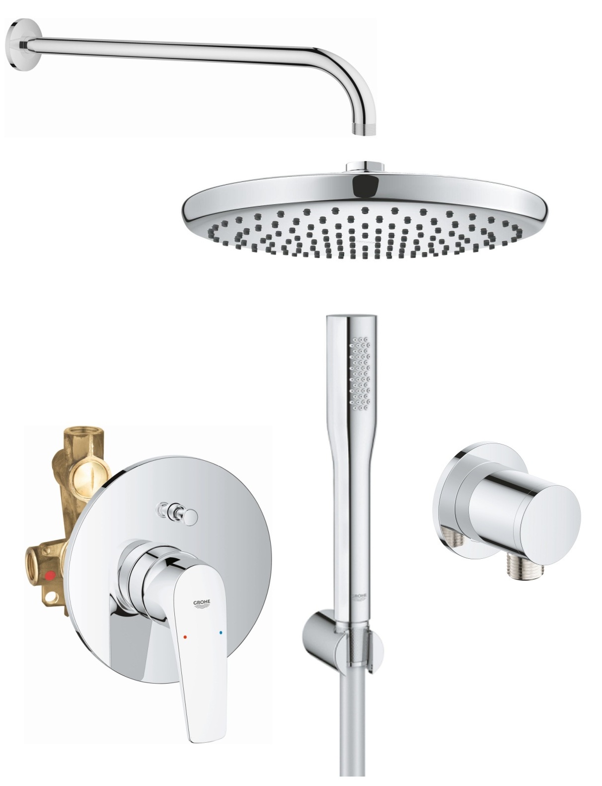 Conjunto grifo de bañera y ducha Grohe Start Flow 29117000, ducha con efecto lluvia Grohe Vitalio Start Shower System 26815000, 27369000, 27851000, 26963001