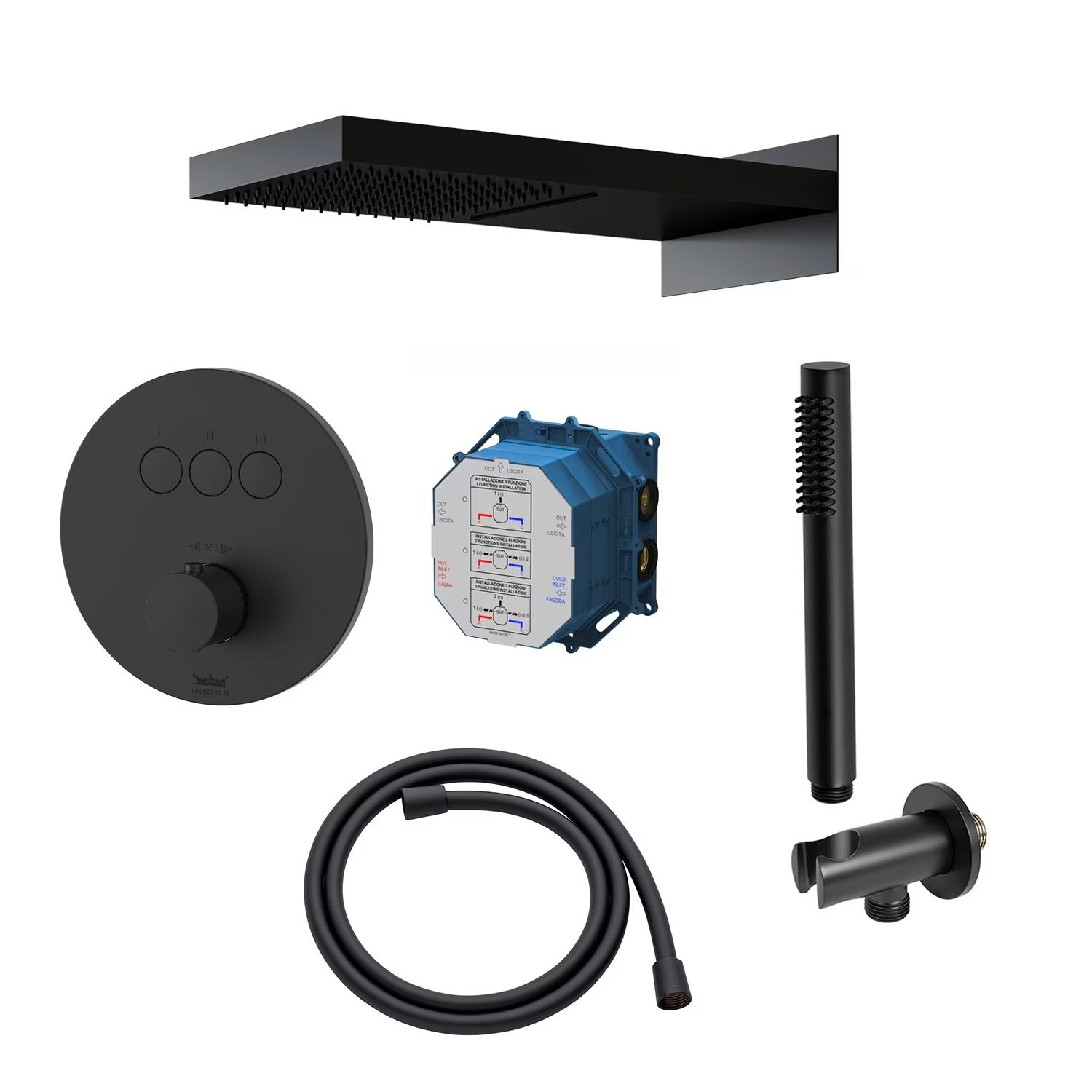 Conjunto grifo de bañera y ducha Kronenbach Smart Push 19044003SM, ducha con efecto lluvia Kronenbach Spa KBMBBPRBOR250-2-BL, 01900190KBN, 28276000KBSM, 28628002SMKB, 27500001 KB