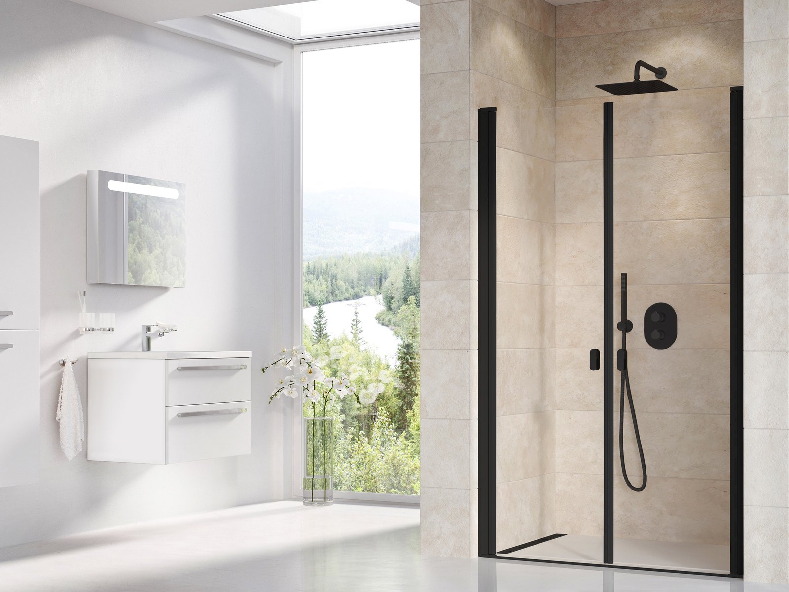 Ravak Chrome puerta de ducha 90 cm oscilante negro mate/vidrio transparente 0QV7C30LZ1