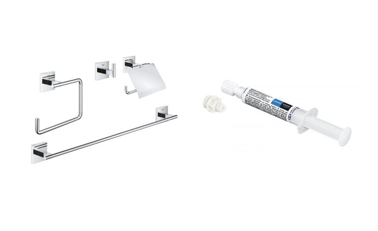 Conjunto kit de accesorios 4 en 1 Grohe Start Cube 41115000, pegamento Grohe QuickGlue 41127000