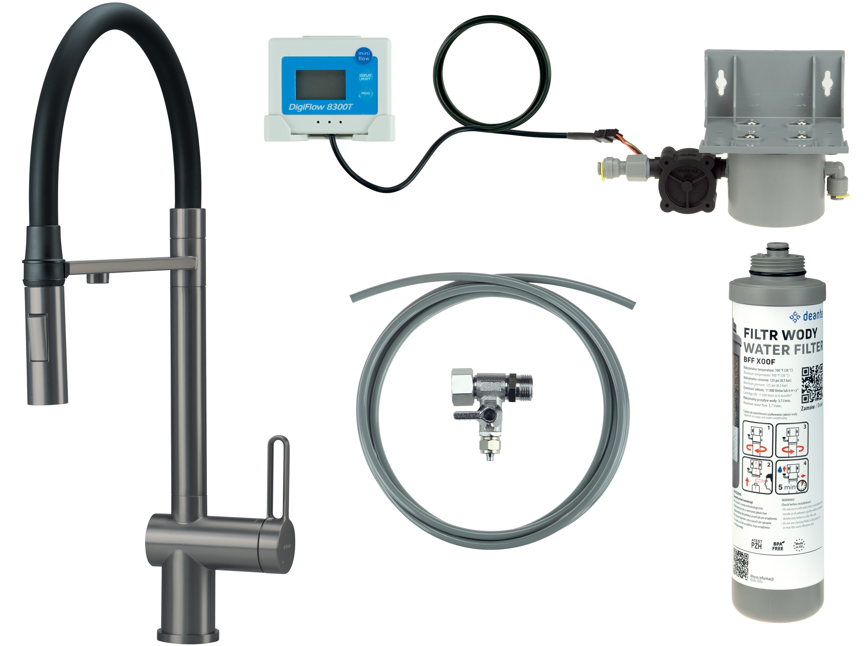 Deante Magnetic kit de inicio con grifo de cocina de pie grafito/gris BRMFD75M