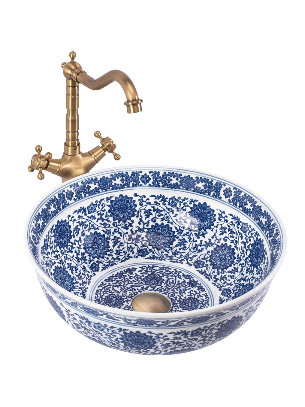 Rea Bella lavabo 41.5x41.5 cm circular sobre encimera blanco-azul REA-U7503
