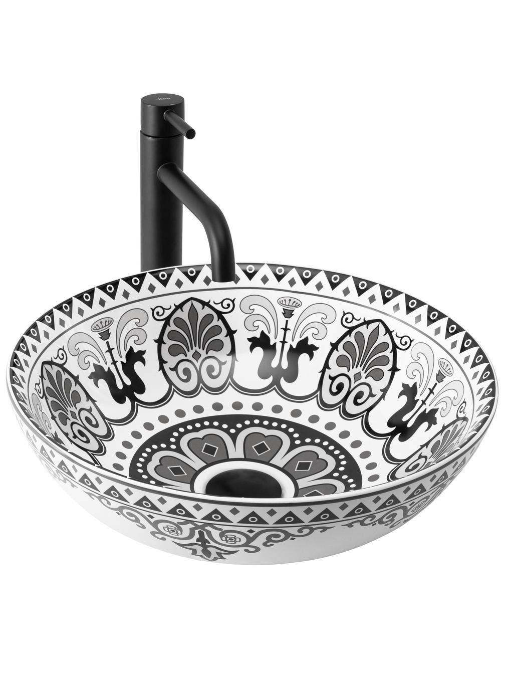 Rea Etno lavabo 40x40 cm circular sobre encimera blanco-negro REA-U7500