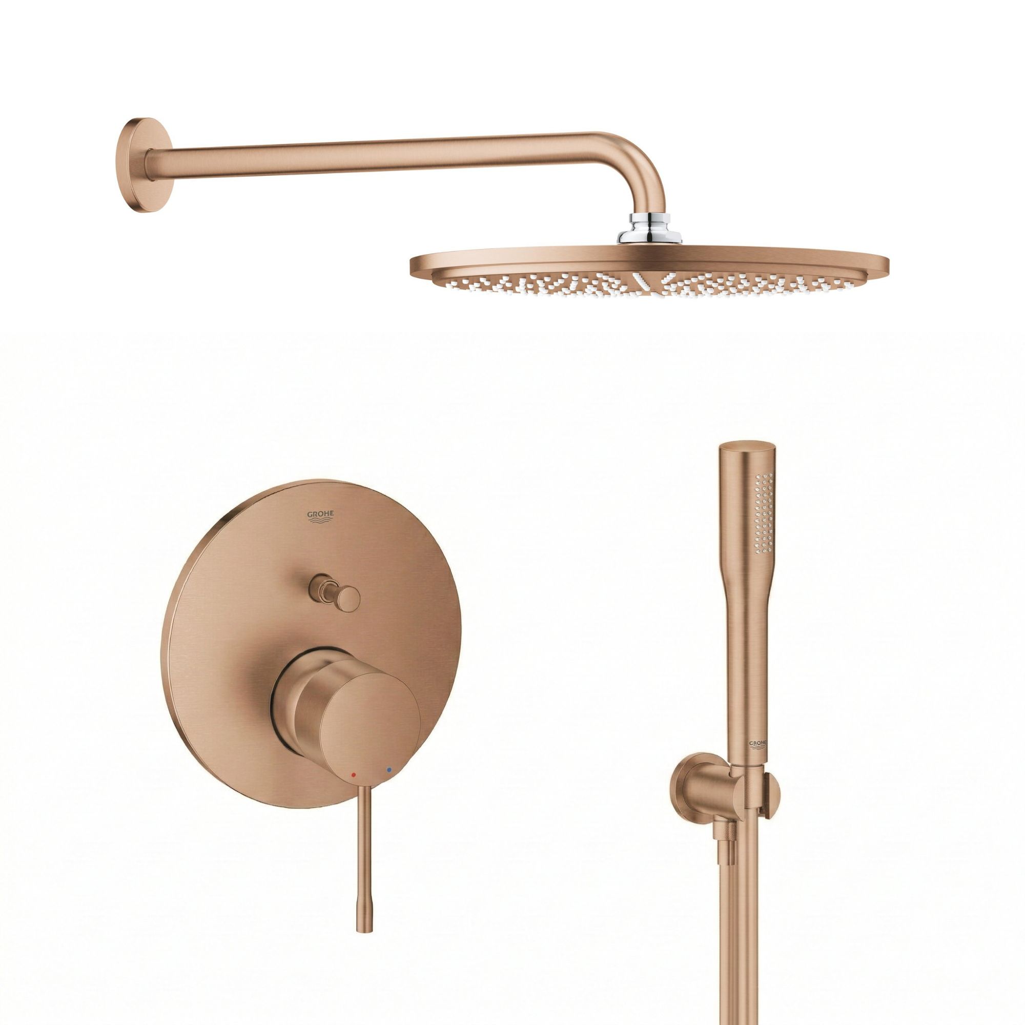 Conjunto brazo de ducha con efecto lluvia Grohe Rainshower 26066DL0, grifo de bañera y ducha Grohe Essence 24058DL1, 26658DL0, 27400DL0, 28388DA1