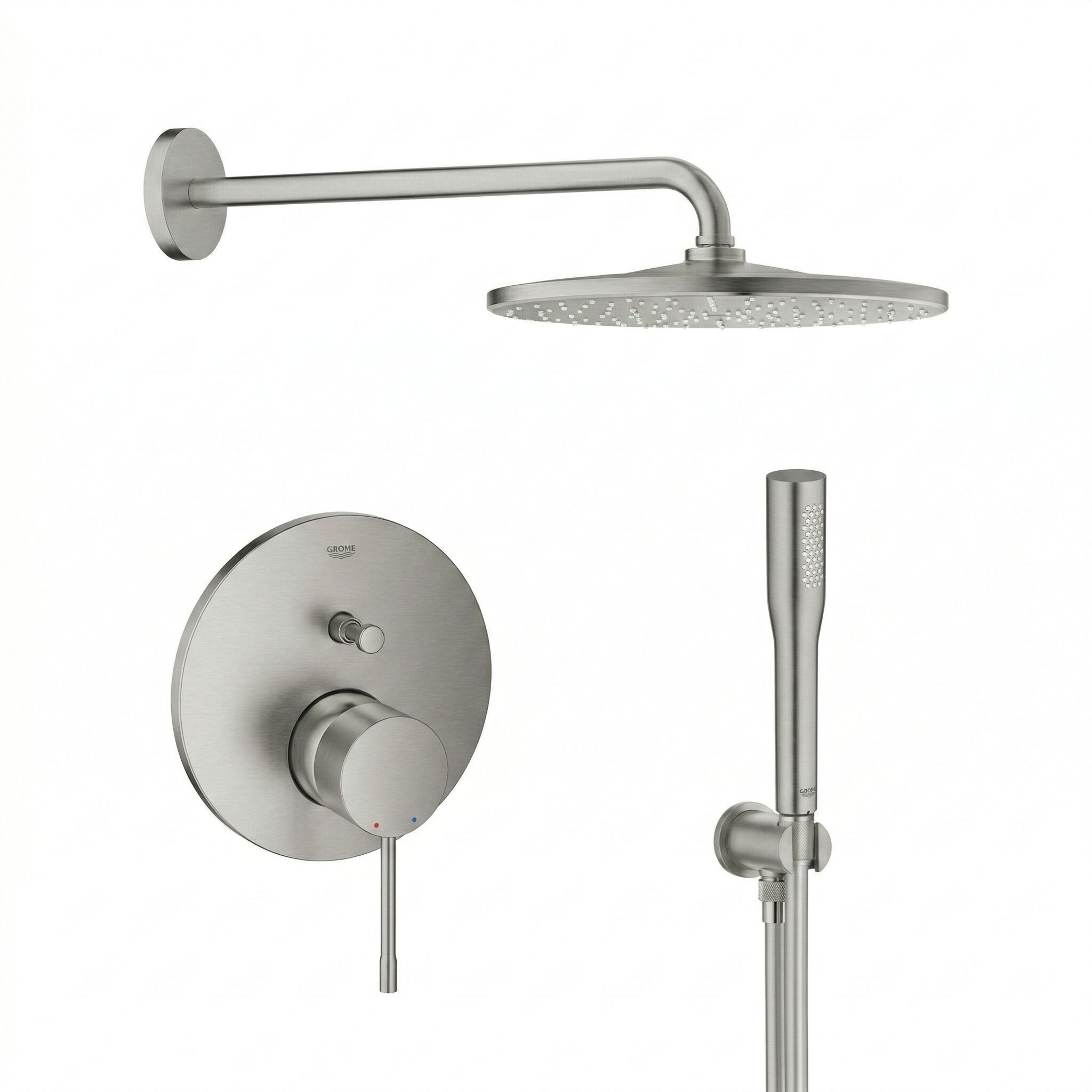 Conjunto brazo de ducha con efecto lluvia Grohe Rainshower 26558DC0, grifo de bañera y ducha Grohe Essence 24058DC1, 26658DC0, 27400DC0, 28362DC1
