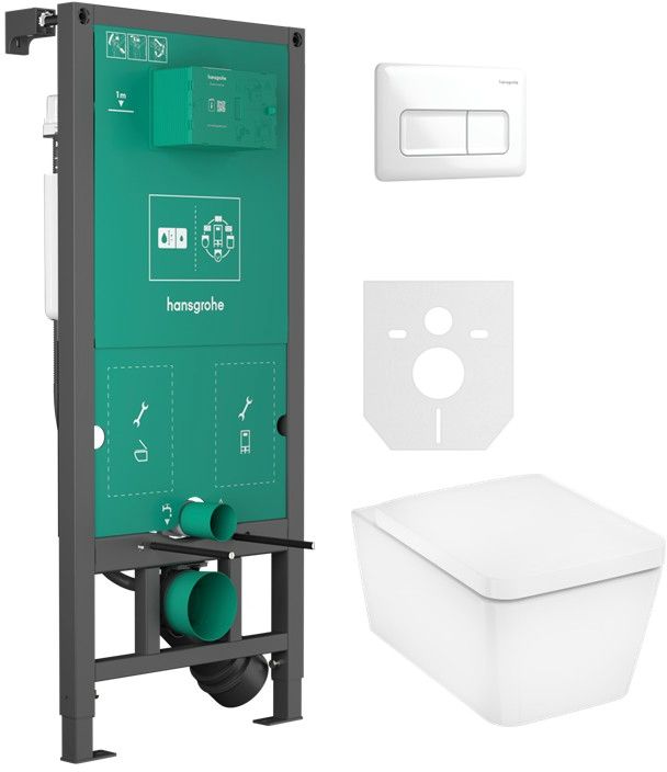 Conjunto taza de inodoro con asiento de cierre suave Hansgrohe EluPura Q 60293450, marco empotrado Hansgrohe iFrame universal 01022180, 66001700