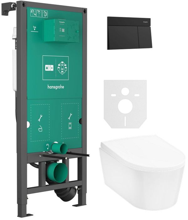 Conjunto taza de inodoro Hansgrohe EluPura S 60343450, botón de descarga Hansgrohe Element E 66003670, 01022180, 60148450