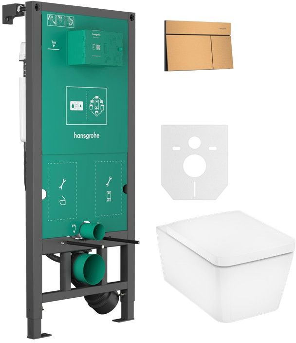 Conjunto taza de inodoro con asiento de cierre suave Hansgrohe EluPura Q 60293450, botón de descarga Hansgrohe Element E 66003140, 01022180
