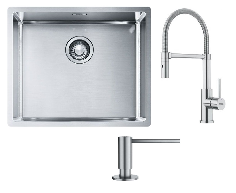 Conjunto fregadero de acero Franke Box 127.0453.656, grifo de cocina Franke Smart Glenda 115.0747.475, 112.0717.084