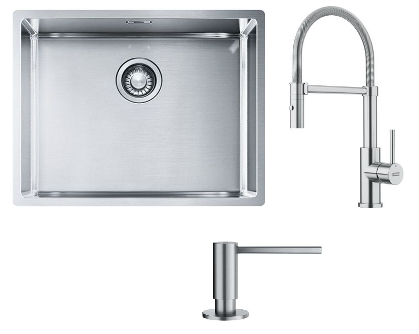 Conjunto fregadero de acero Franke Box 127.0453.660, grifo de cocina Franke Smart Glenda 115.0747.475, 112.0717.084