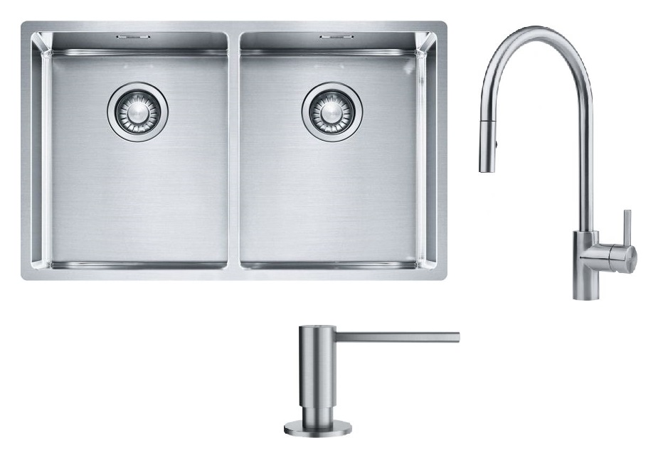 Conjunto fregadero de acero Franke Box 127.0370.188, grifo de cocina Franke Eos 115.0590.045, 112.0717.084