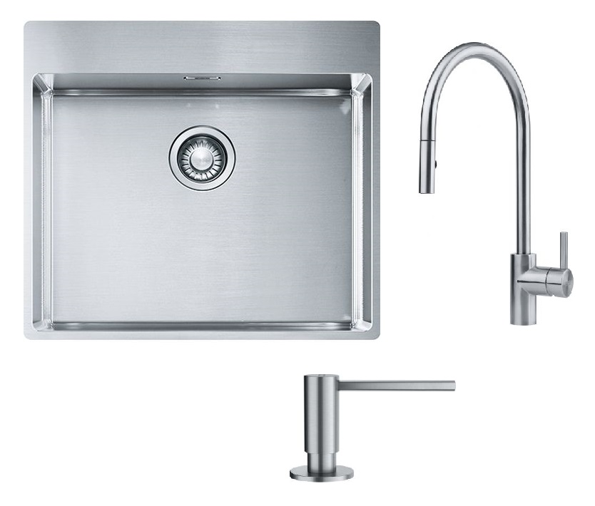 Conjunto fregadero de acero Franke Box 127.0369.295, grifo de cocina Franke Eos 115.0590.045, 112.0717.084