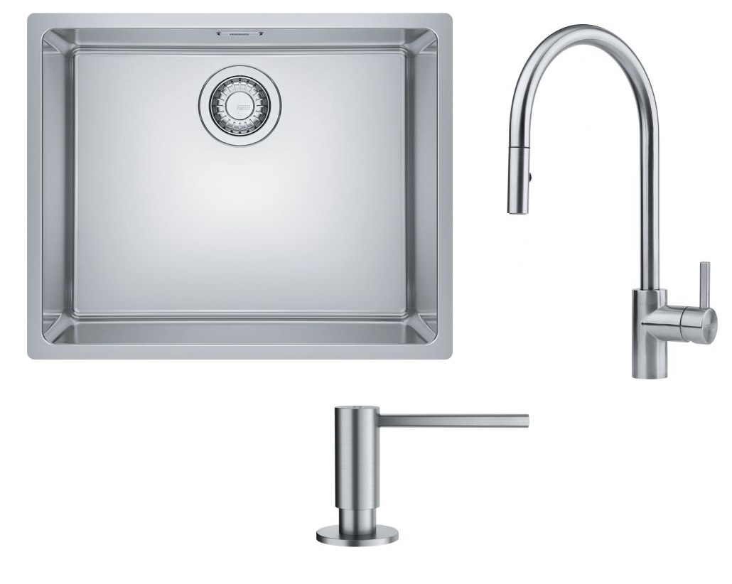 Conjunto fregadero de acero Franke Maris 122.0525.271, grifo de cocina Franke Eos 115.0590.045, 112.0717.084