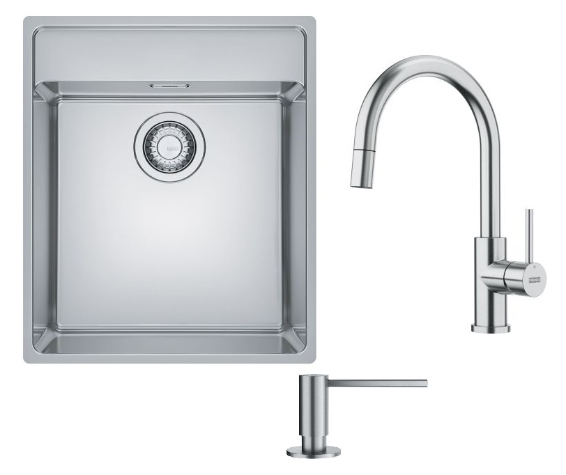 Conjunto fregadero de acero Franke Maris 127.0525.272, grifo de cocina Franke Smart Glenda 115.0747.474, 112.0717.084