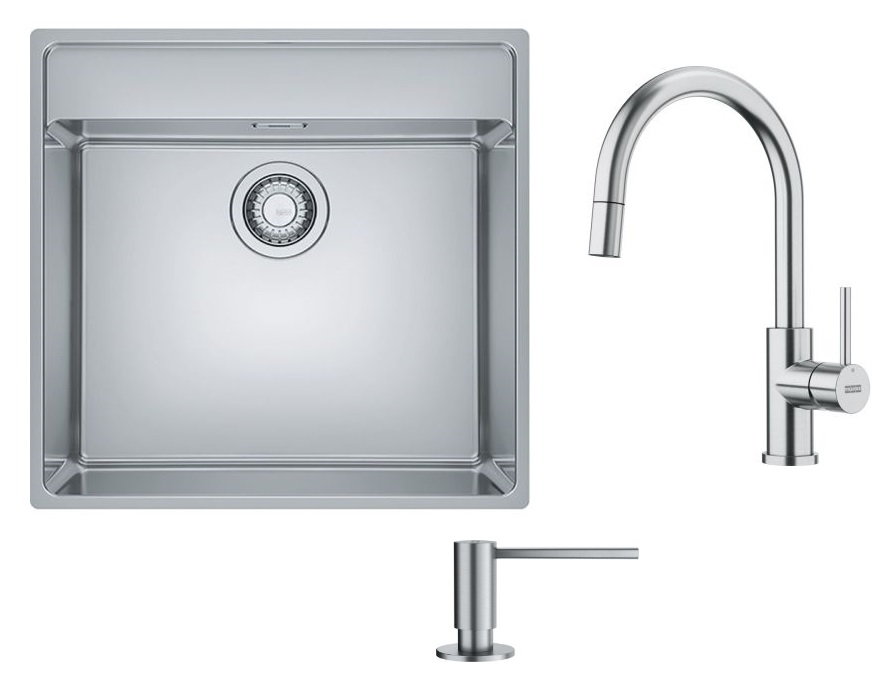Conjunto fregadero de acero Franke Maris 127.0525.273, grifo de cocina Franke Smart Glenda 115.0747.474, 112.0717.084