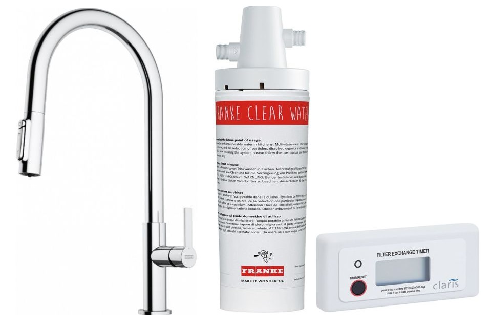 Conjunto grifo de cocina Franke Maris Slim Clear Water J Pull-Out 120.0730.870, filtro para fregadero Franke Clear Water 133.0284.025