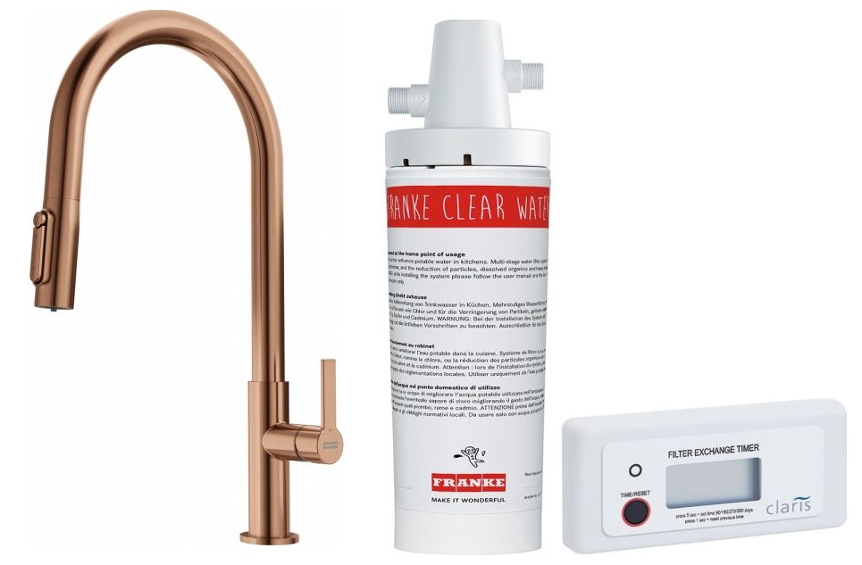 Conjunto grifo de cocina Franke Maris Slim Clear Water J Pull-Out 120.0736.602, filtro para fregadero Franke Clear Water 133.0284.025