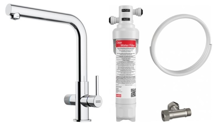 Conjunto grifo de cocina Franke Lina 120.0730.779, filtro para fregadero Franke Clear Water 150.0730.809