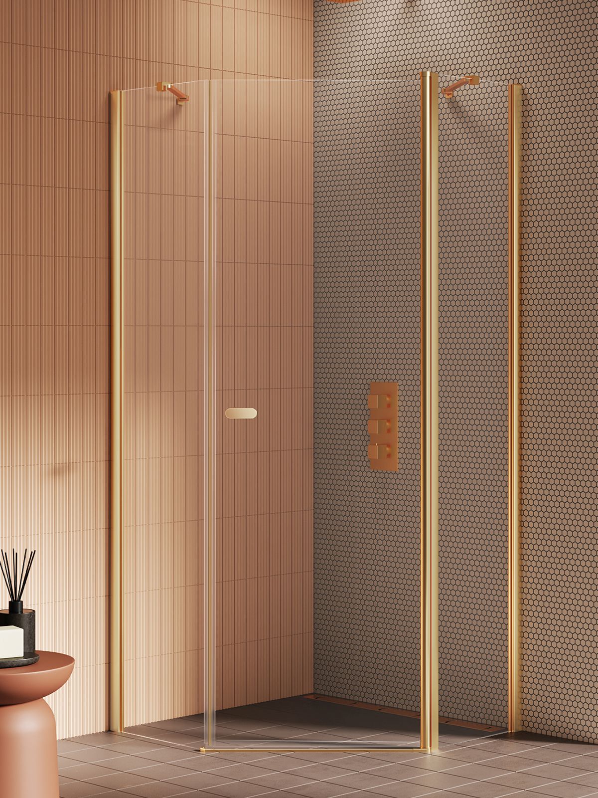 New Trendy New Soleo Gold Brushed cabina de ducha 90x90 cm oro cepillado/vidrio transparente K-3582
