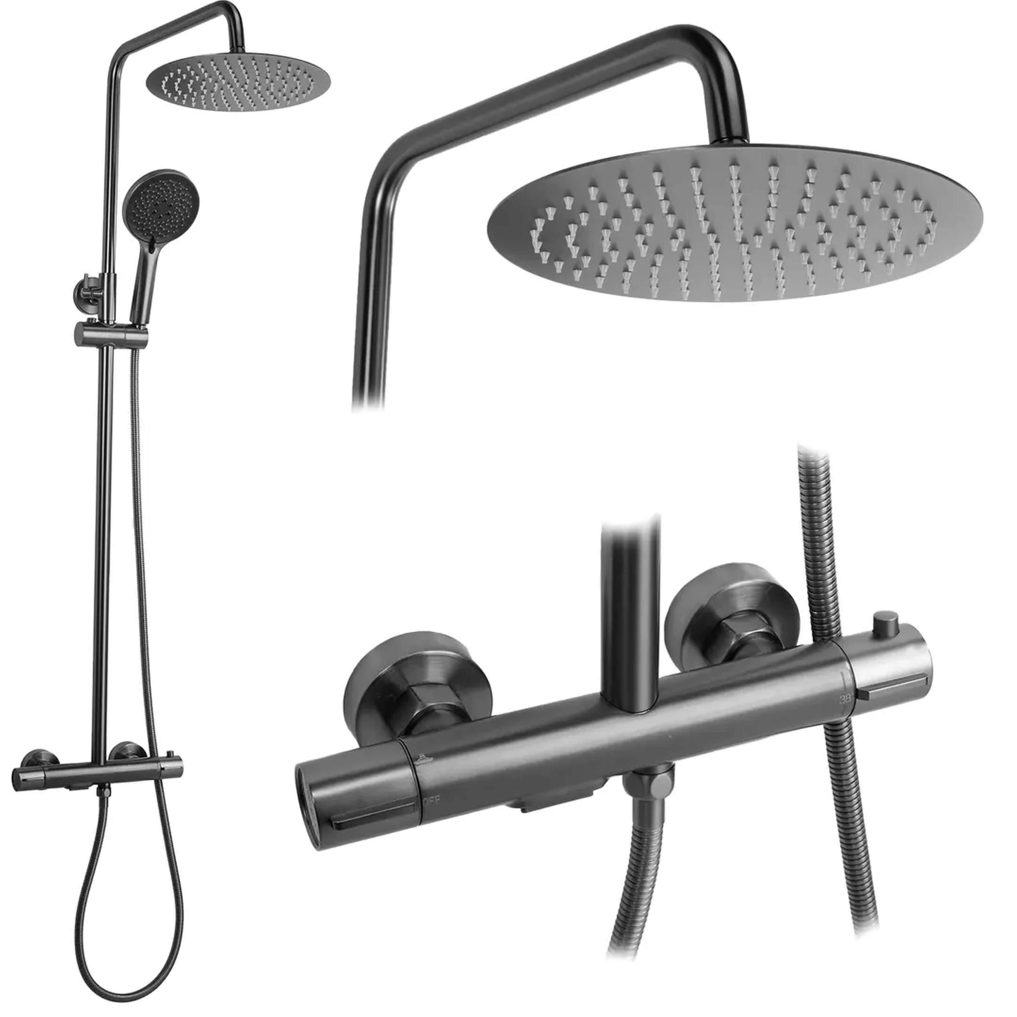 Rea Drop conjunto de ducha a pared con termostato con rociador con efecto lluvia grafito REA-P7623