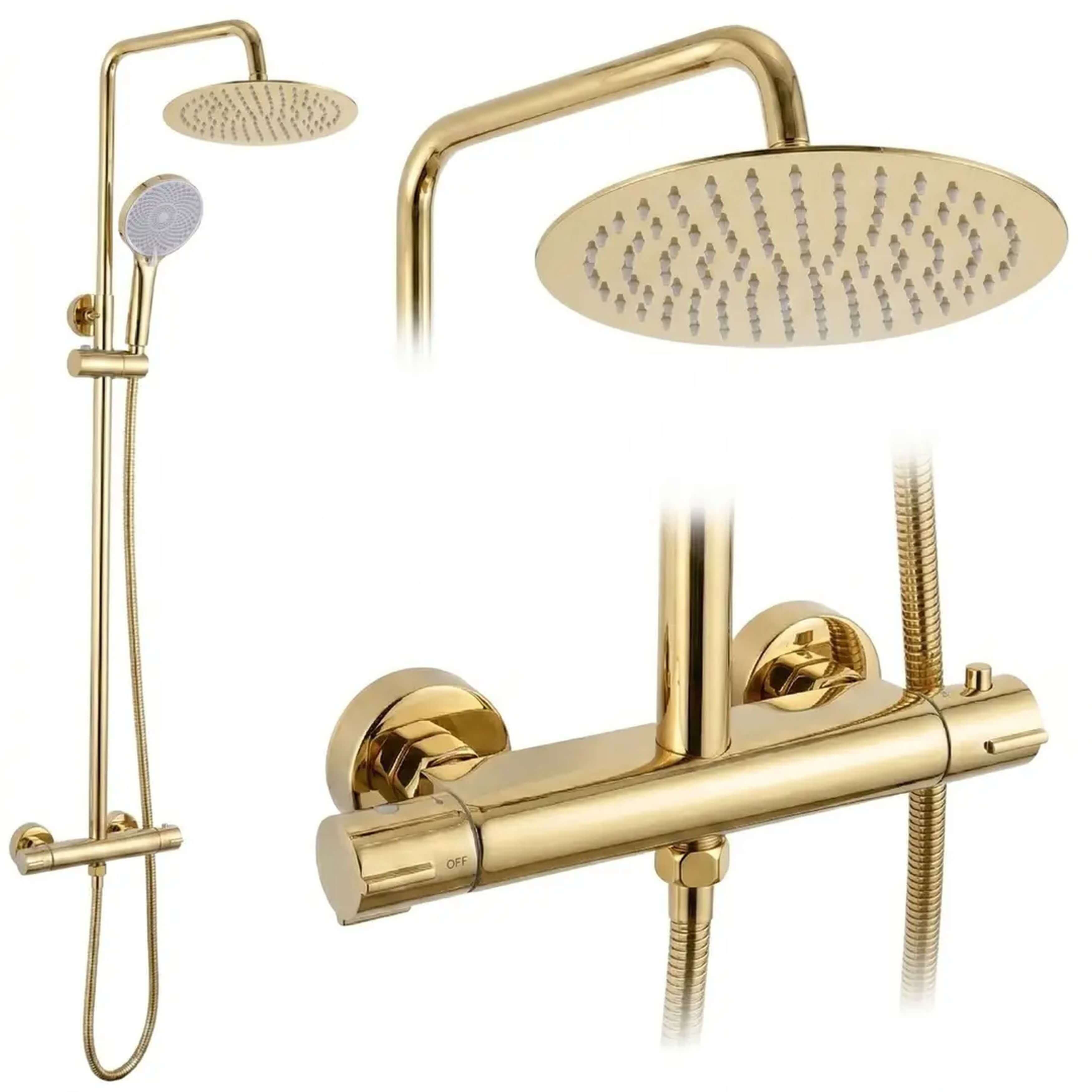 Rea Lungo conjunto de ducha a pared con termostato con rociador con efecto lluvia oro REA-P6732