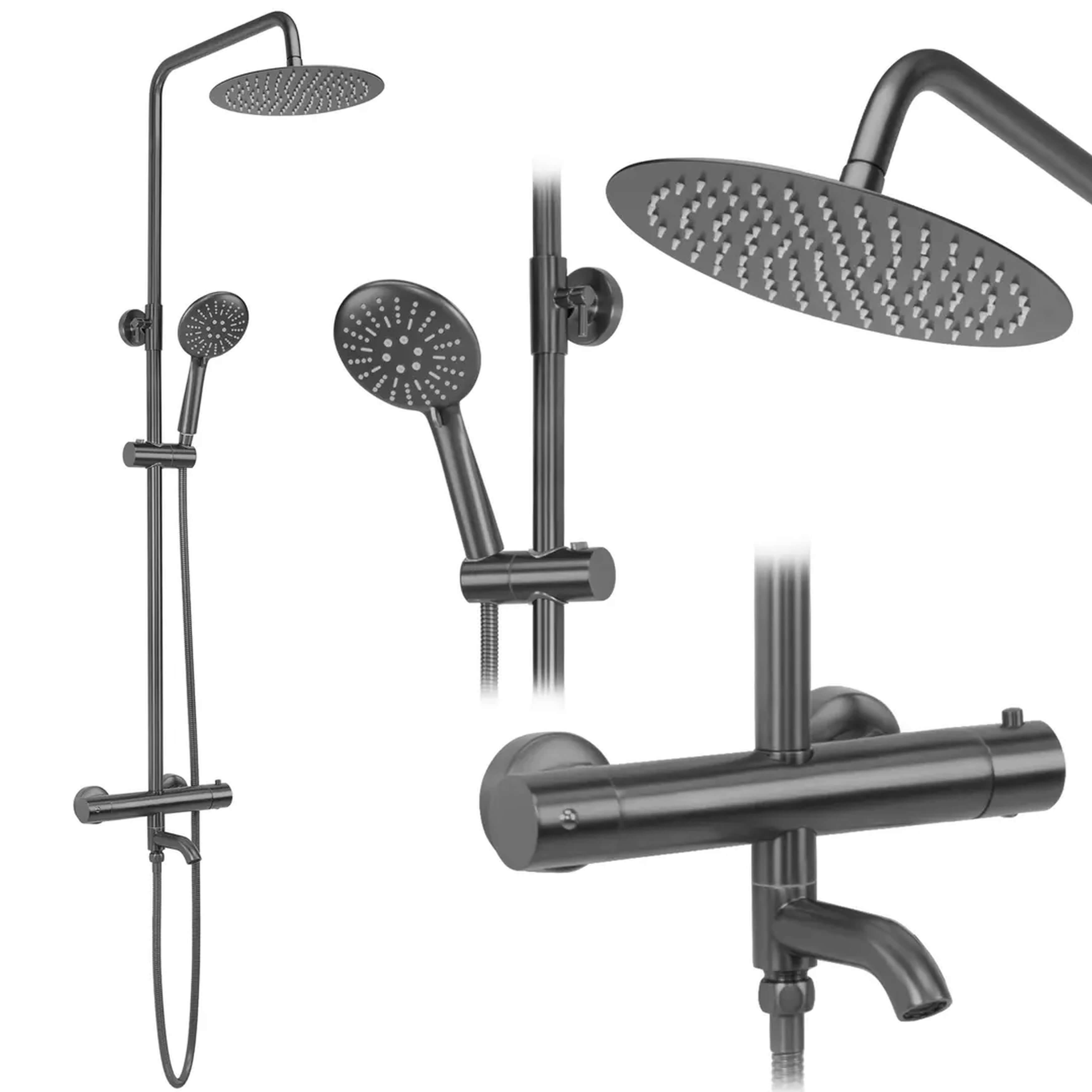 Rea Lungo conjunto de ducha a pared con termostato con rociador con efecto lluvia grafito REA-P6386