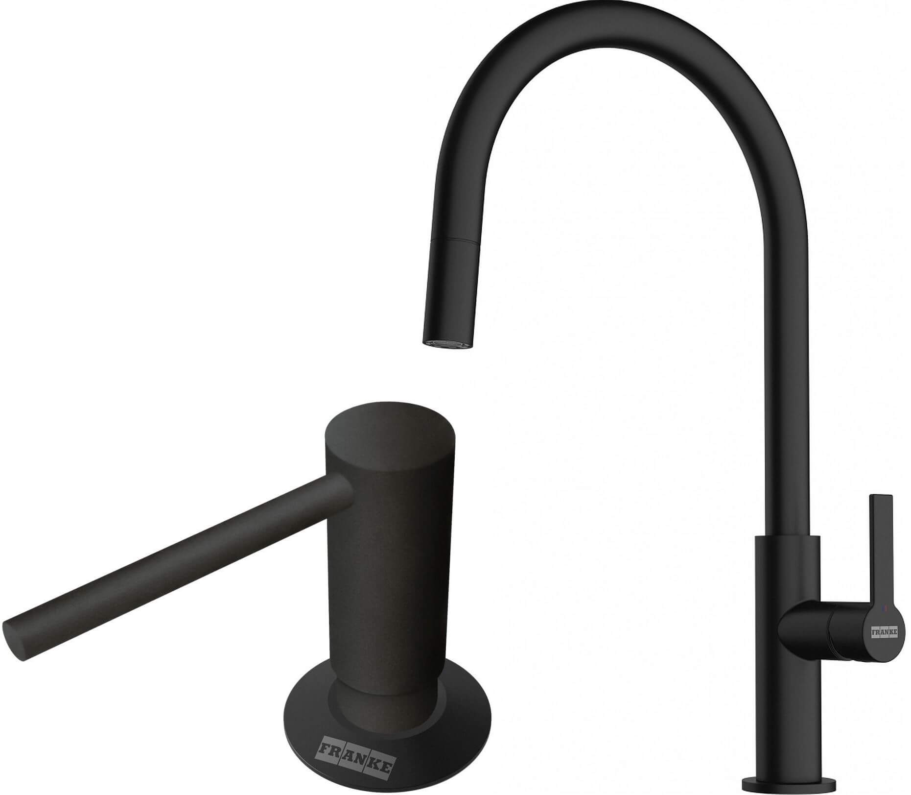 Conjunto grifo de cocina Franke Maris Slim J Pull-Out 115.0728.389, dispensador de líquidos Franke Comfort 112.0753.277