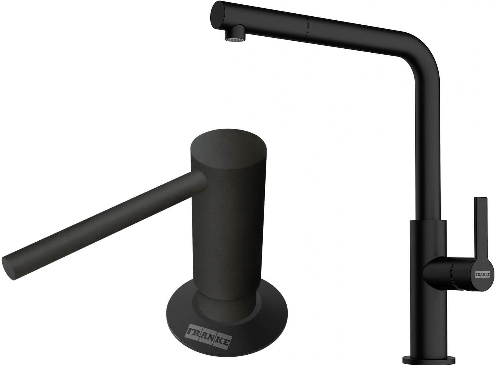 Conjunto grifo de cocina Franke Maris Slim L Pull-Out 115.0728.394, dispensador de líquidos Franke Comfort 112.0753.277