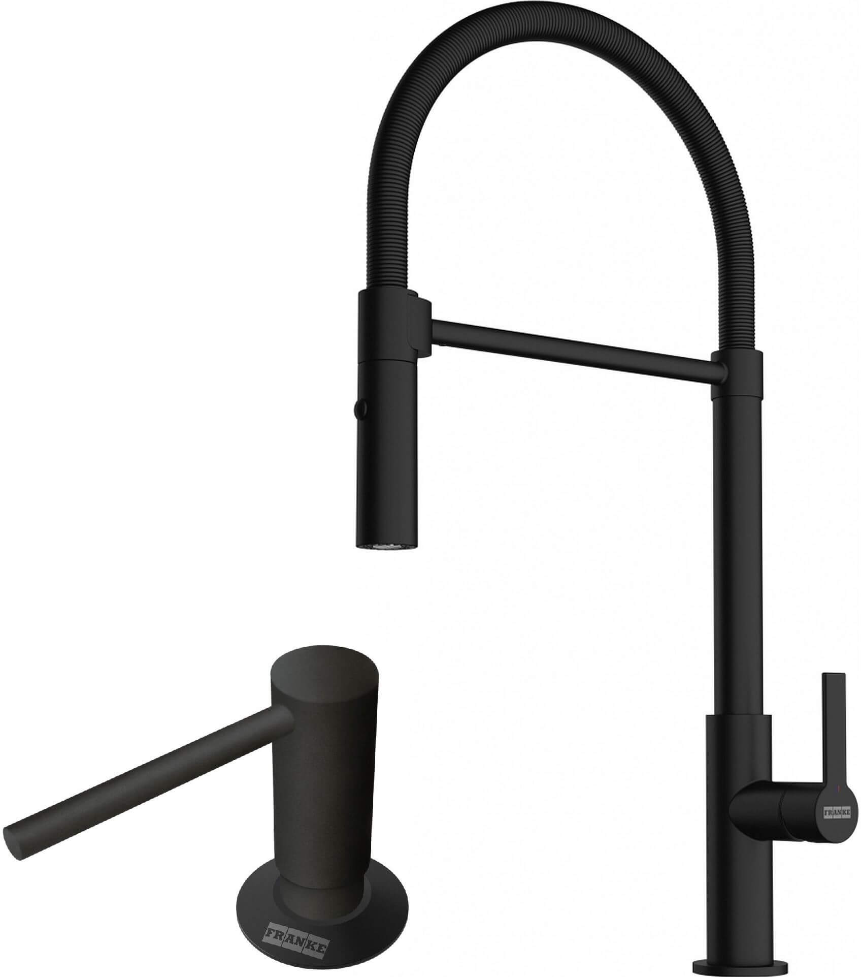 Conjunto grifo de cocina Franke Maris Slim Semi-Pro 115.0728.396, dispensador de líquidos Franke Comfort 112.0753.277