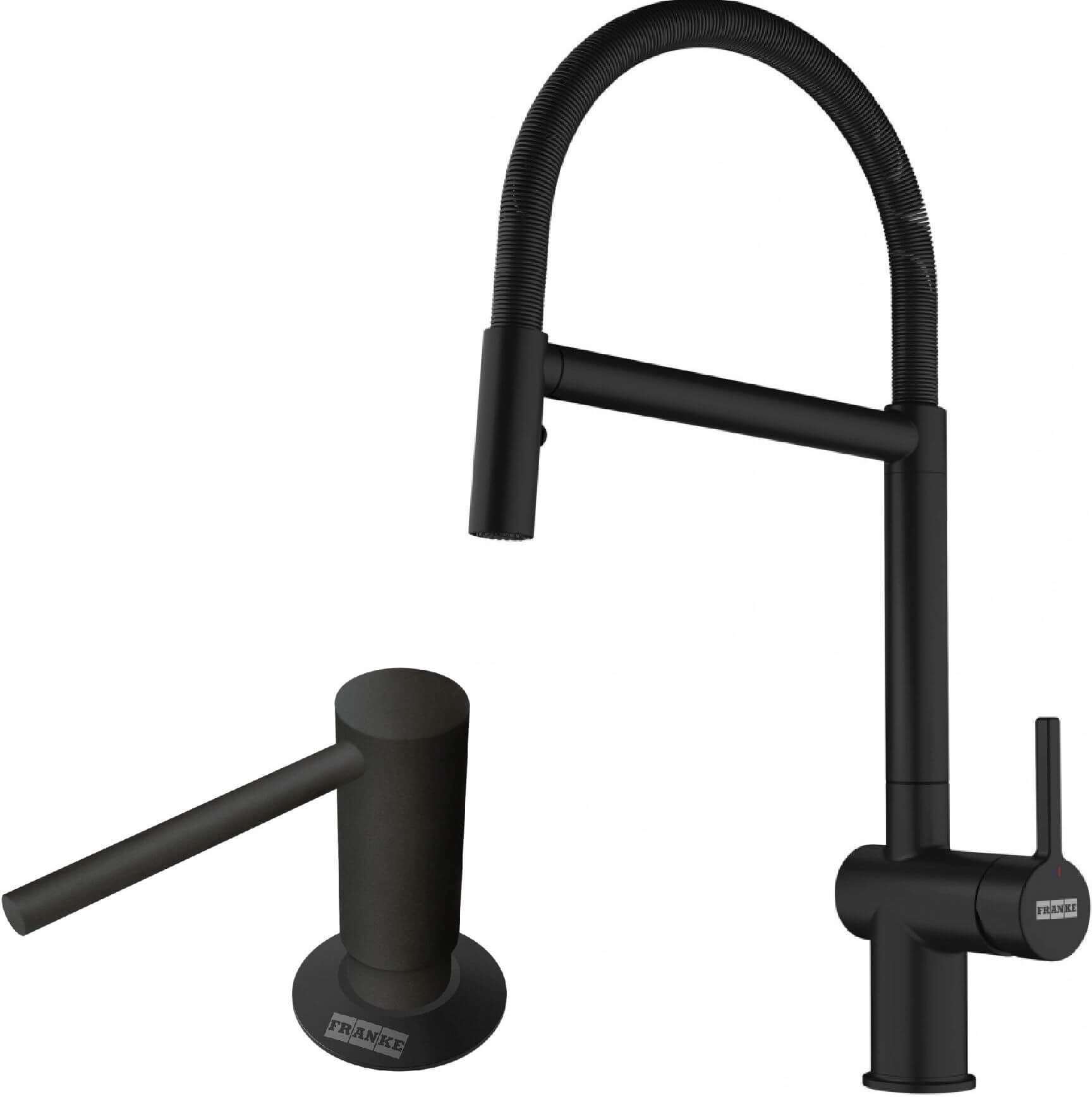 Conjunto grifo de cocina Franke Active Semi Pro Spray 115.0653.409, dispensador de líquidos Franke Comfort 112.0753.277