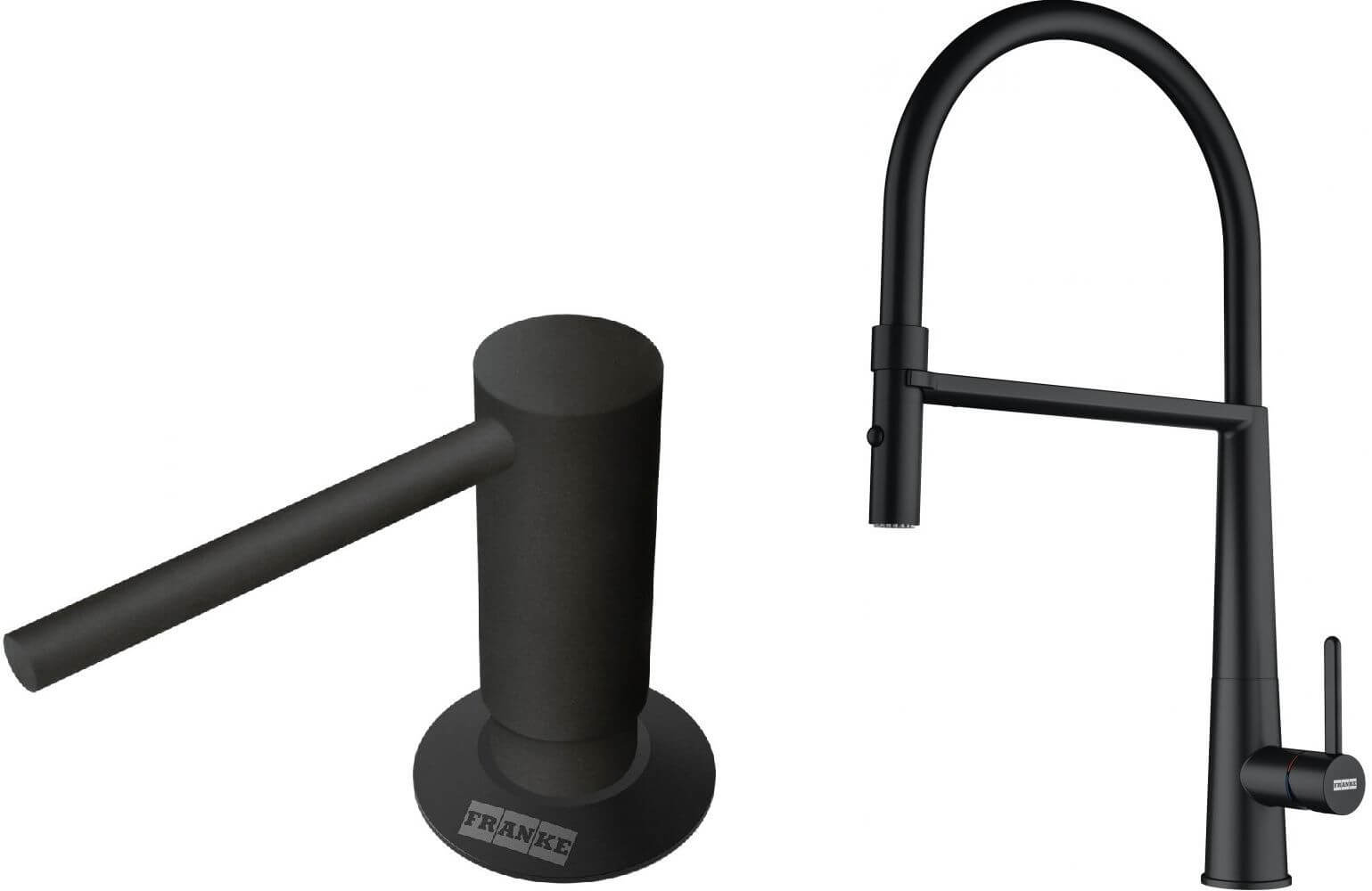 Conjunto grifo de cocina Franke Icon Semi-Pro 115.0690.598, dispensador de líquidos Franke Comfort 112.0753.277
