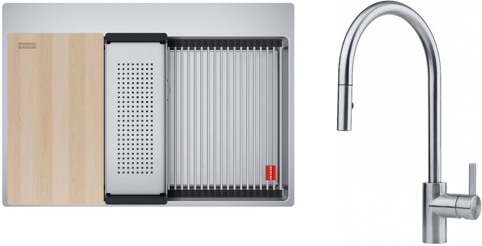 Conjunto fregadero de acero Franke Box 127.0749.857, grifo de cocina Franke Eos 115.0590.045