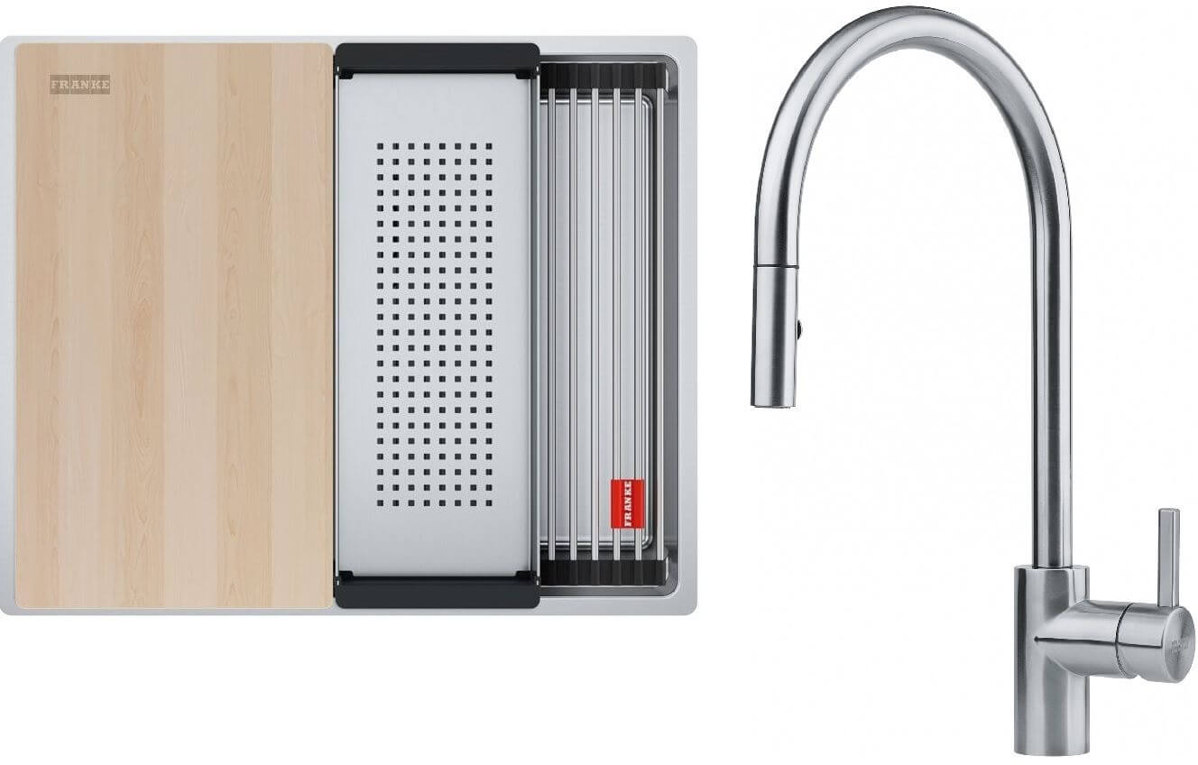 Conjunto fregadero de acero Franke Box 127.0749.858, grifo de cocina Franke Eos 115.0590.045