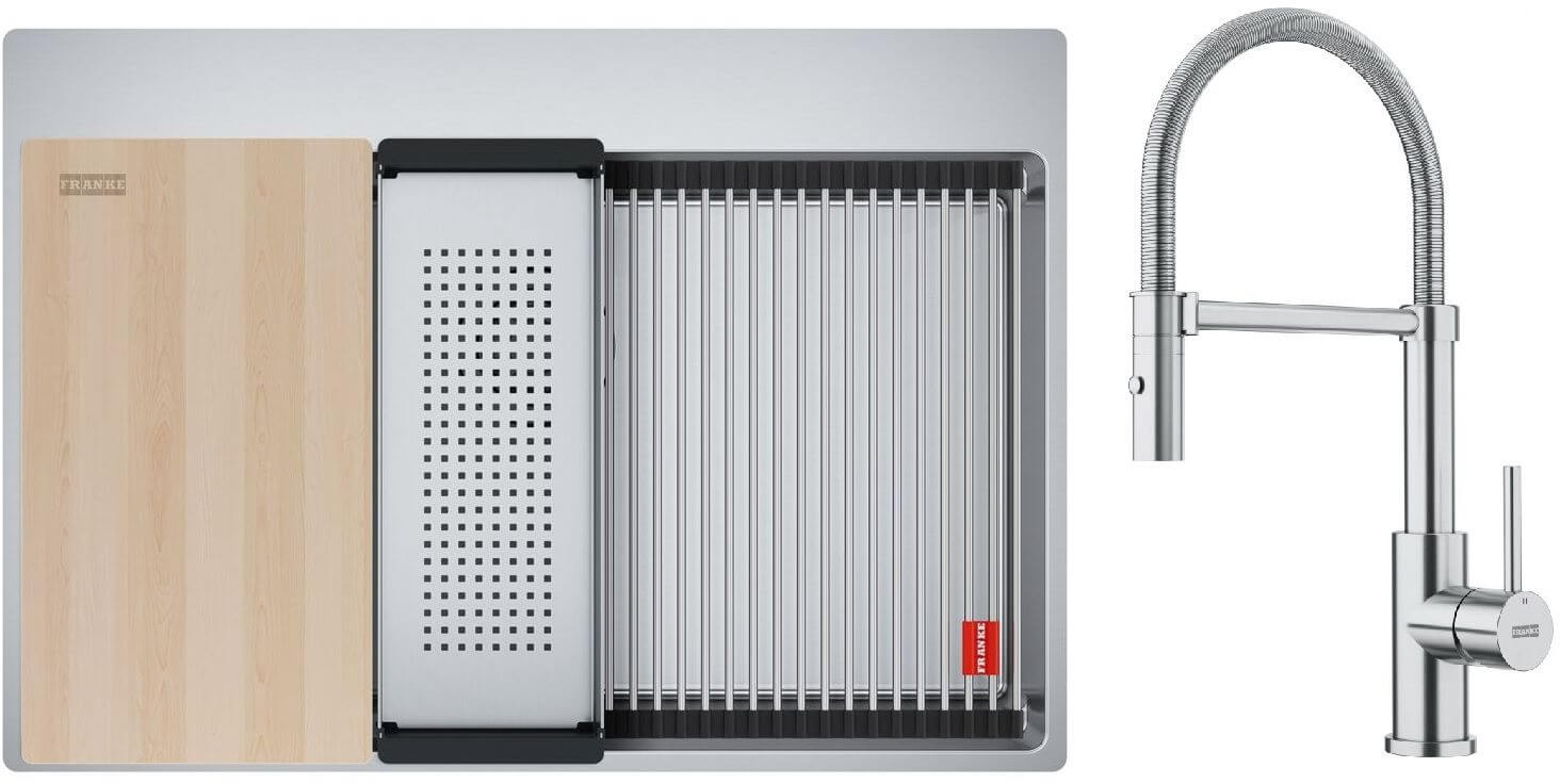 Conjunto fregadero de acero Franke Box 127.0749.857, grifo de cocina Franke Smart Glenda 115.0747.475